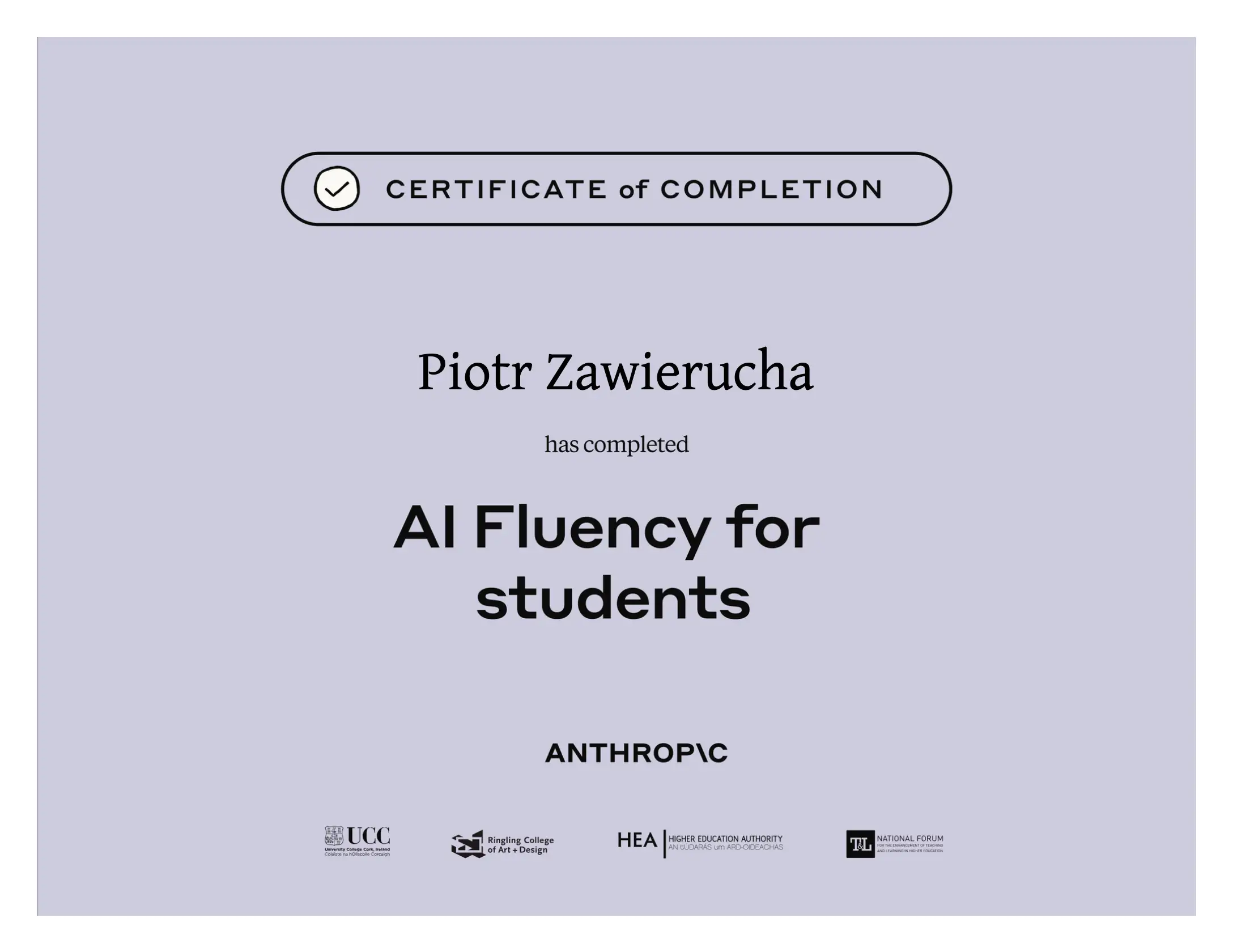Certyfikat ukończenia kursu AI Fluency (Anthropic)